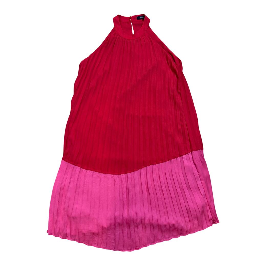 Strut and Bolt Pink and Red Pleated Colorblock Satin Halterneck Mini Dress M - Picture 2 of 7